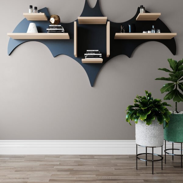 Bat Shape Backlit Designer Wooden Wall Shelf Book Shelf Night Light, Walnut Finish