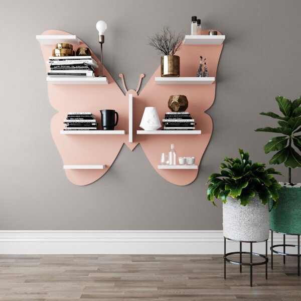 Butterfly Shape Backlit Designer Wooden Wall Shelf / Book Shelf / Night Light, Walnut Finish